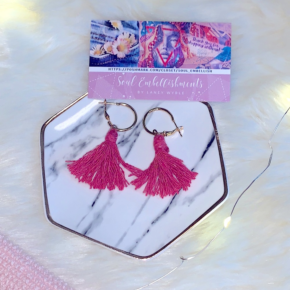 New Trendy BOHO STYLE Pink Tassels On Rose Gold Hoops,Easy Clip-Closure Earrings